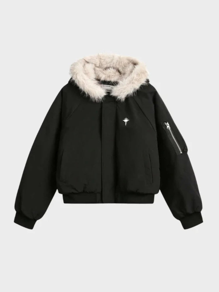 DCRB Corte boxy Abrigo acolchado con capucha de pelo