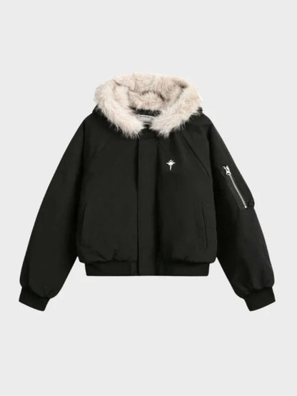 DCRB Corte boxy Abrigo acolchado con capucha de pelo