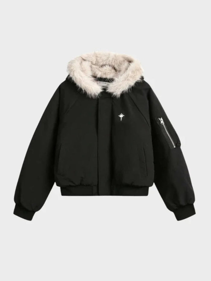 DCRB Corte boxy Abrigo acolchado con capucha de pelo