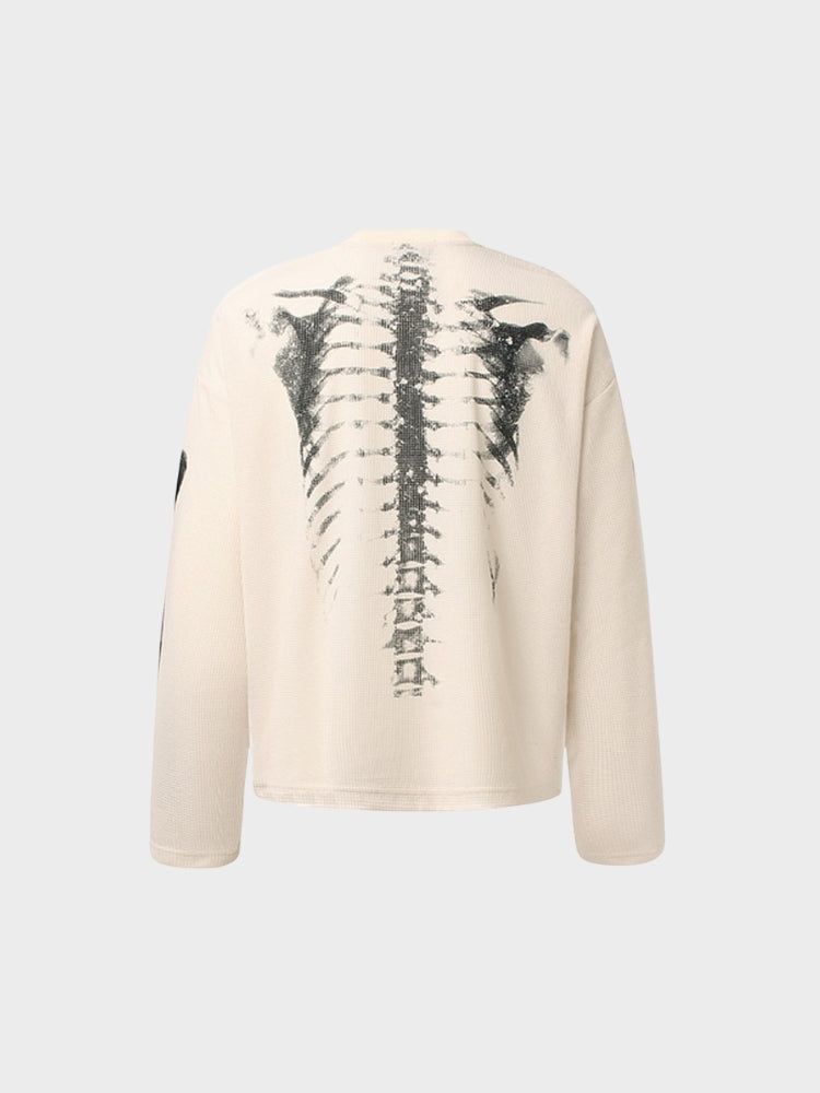 Camiseta de Manga Larga de Punto de Gofre con Estampado de Esqueleto