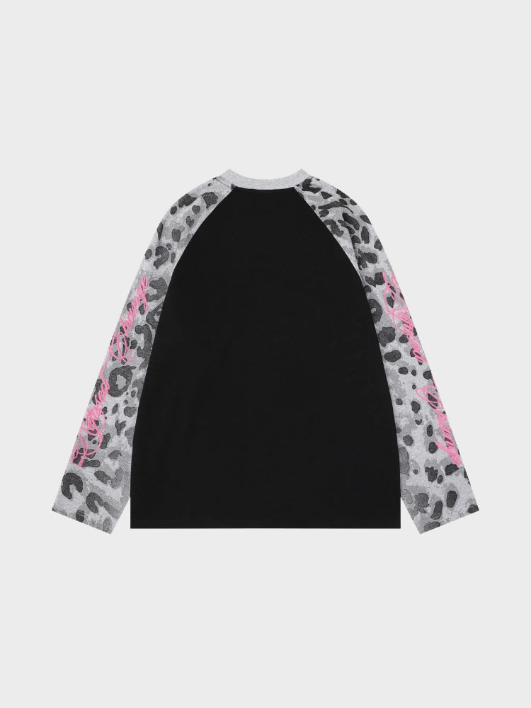 Camiseta de Manga Larga Raglán con Estampado de Leopardo
