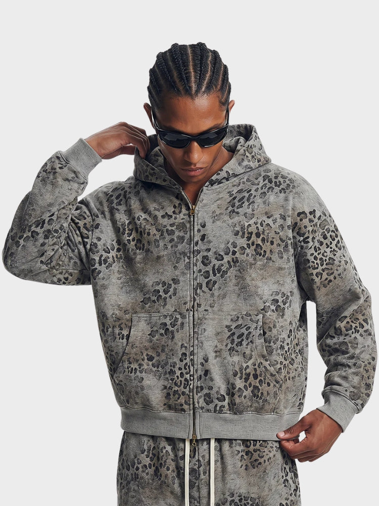 Sudadera con Capucha de Leopardo Vintage y Efecto Lavado de 400 G/M²