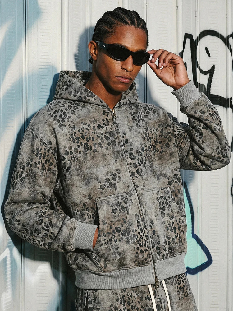 Sudadera con Capucha de Leopardo Vintage y Efecto Lavado de 400 G/M²
