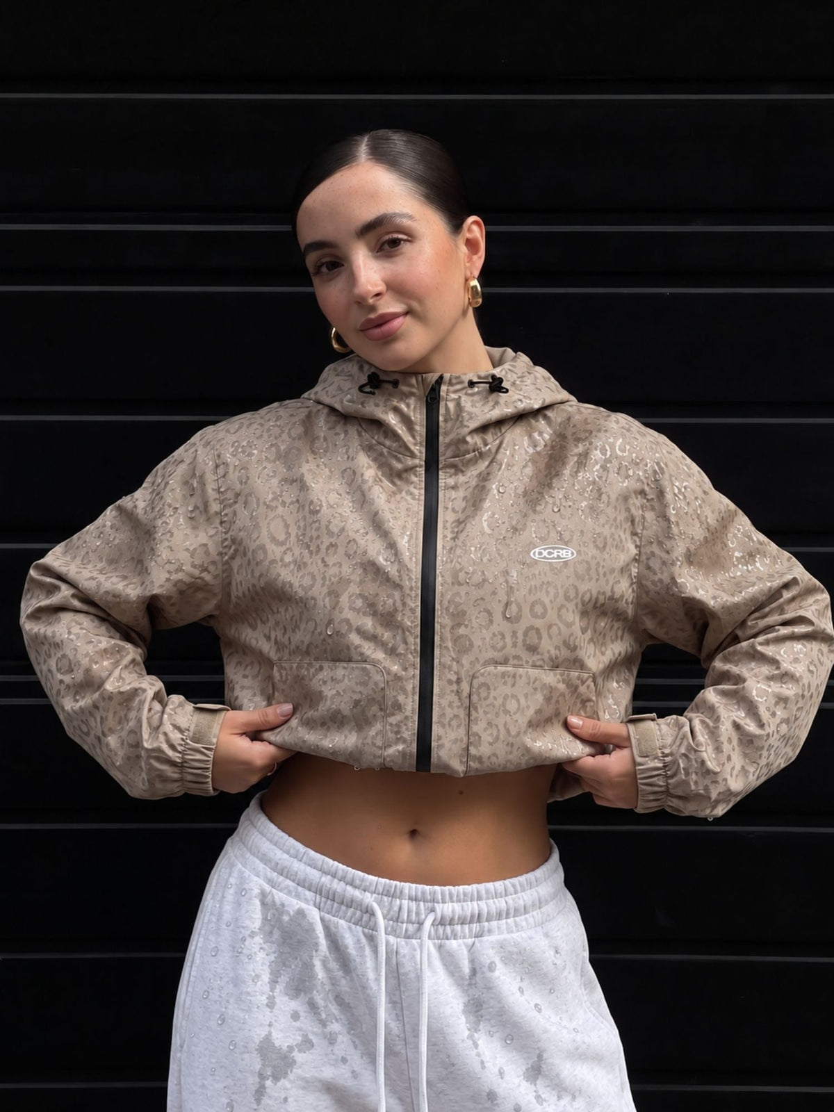 DCRB Negro con estampado de guepardo reactivo al agua Chaqueta impermeable