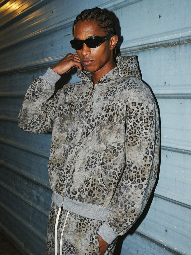 Sudadera con Capucha de Leopardo Vintage y Efecto Lavado de 400 G/M²