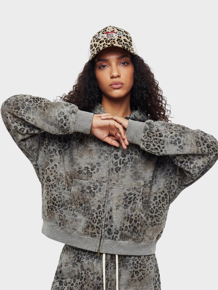 Sudadera con Capucha de Leopardo Vintage y Efecto Lavado de 400 G/M²