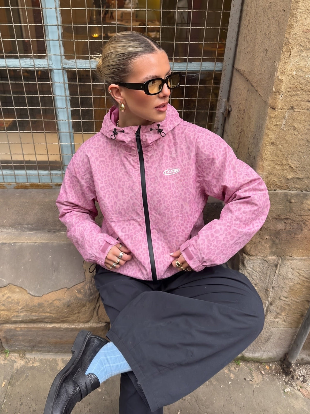 DCRB Negro con estampado de guepardo reactivo al agua Chaqueta impermeable