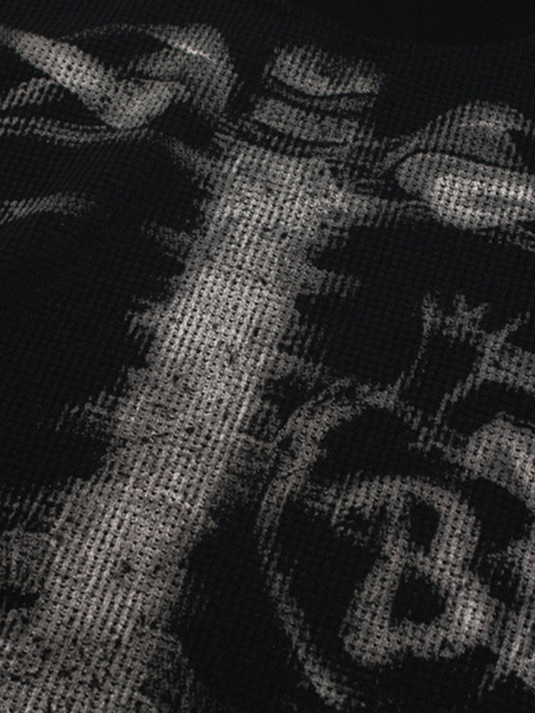 Camiseta de Manga Larga de Punto de Gofre con Estampado de Esqueleto