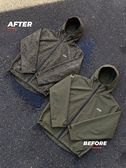 DCRB Negro con estampado de guepardo reactivo al agua Chaqueta impermeable