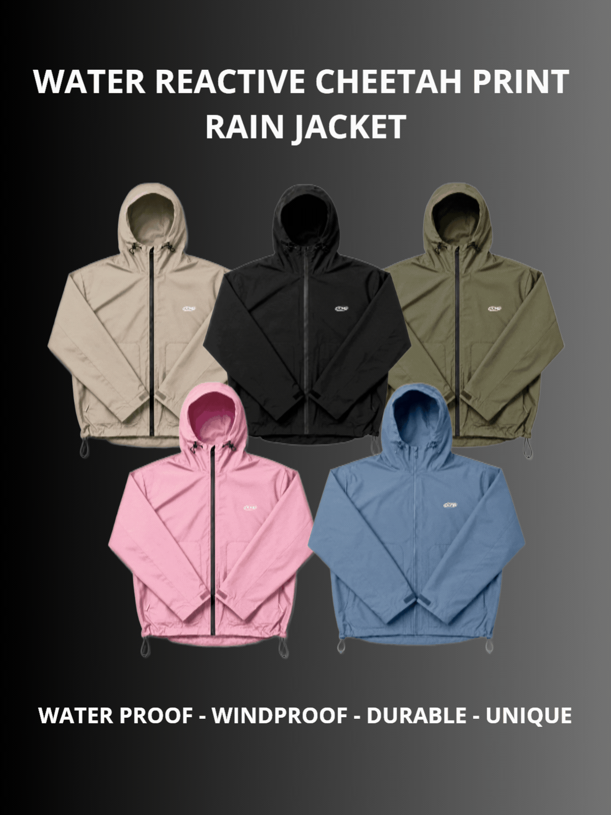 DCRB Negro con estampado de guepardo reactivo al agua Chaqueta impermeable