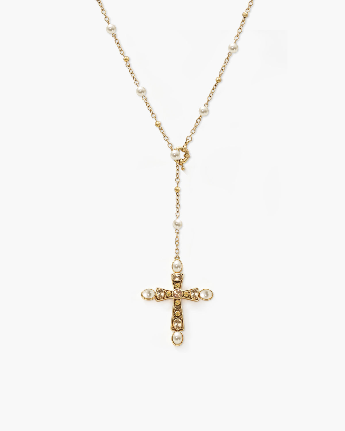 Rosalia Pearl Cross Lariat Necklace
